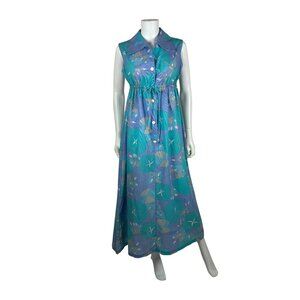 Vintage 70s Maxi Dress Womens Medium Trippy Aqua Lavender Tropical Empire Waist